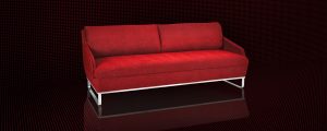 Das elegante Schlafsofa BED for LIVING Deluxe in rot auf schwarzem Hintergrund.